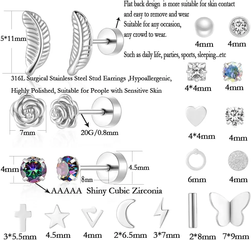 18 Pairs Samll Stud Earrings for Women Men 316L Surgical Stainless Steel Hypoallergenic Flatback Earrings Cubic Zirconia Earring Studs for Gilr,Black Silver Gold 20G Earrings for Cartilage Tragus Helix Lobe Conch Piercing Jewelry