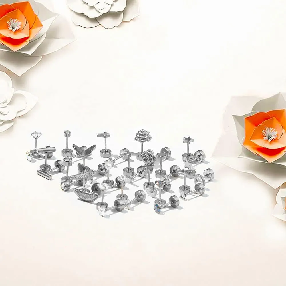 18 Pairs Samll Stud Earrings for Women Men 316L Surgical Stainless Steel Hypoallergenic Flatback Earrings Cubic Zirconia Earring Studs for Gilr,Black Silver Gold 20G Earrings for Cartilage Tragus Helix Lobe Conch Piercing Jewelry