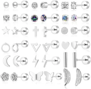 18 Pairs Samll Stud Earrings for Women Men 316L Surgical Stainless Steel Hypoallergenic Flatback Earrings Cubic Zirconia Earring Studs for Gilr,Black Silver Gold 20G Earrings for Cartilage Tragus Helix Lobe Conch Piercing Jewelry