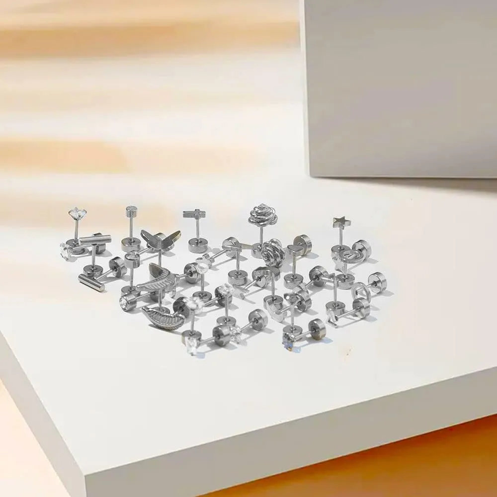 18 Pairs Samll Stud Earrings for Women Men 316L Surgical Stainless Steel Hypoallergenic Flatback Earrings Cubic Zirconia Earring Studs for Gilr,Black Silver Gold 20G Earrings for Cartilage Tragus Helix Lobe Conch Piercing Jewelry