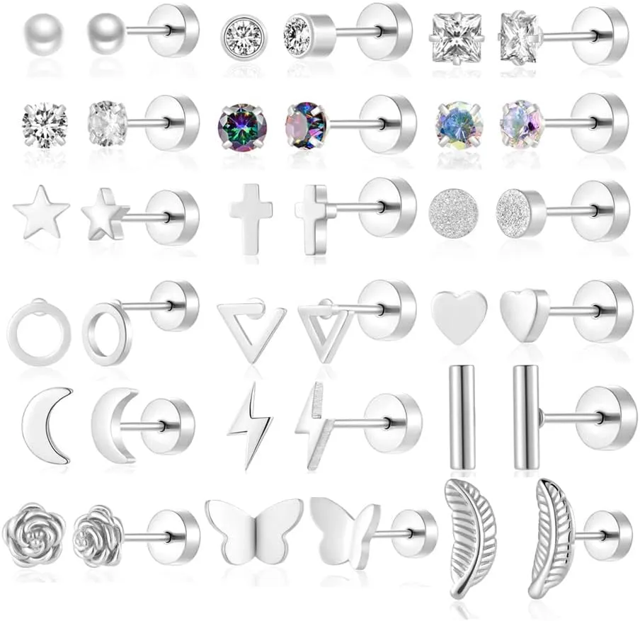 18 Pairs Samll Stud Earrings for Women Men 316L Surgical Stainless Steel Hypoallergenic Flatback Earrings Cubic Zirconia Earring Studs for Gilr,Black Silver Gold 20G Earrings for Cartilage Tragus Helix Lobe Conch Piercing Jewelry