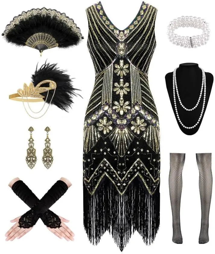 1920s Dresses for Women, Flapper Dress Lace Fan Feather Headband Sequins Beads Fringes 20s Accessories Vintage Mafia Costume