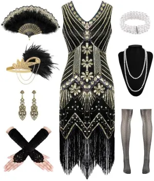 1920s Dresses for Women, Flapper Dress Lace Fan Feather Headband Sequins Beads Fringes 20s Accessories Vintage Mafia Costume