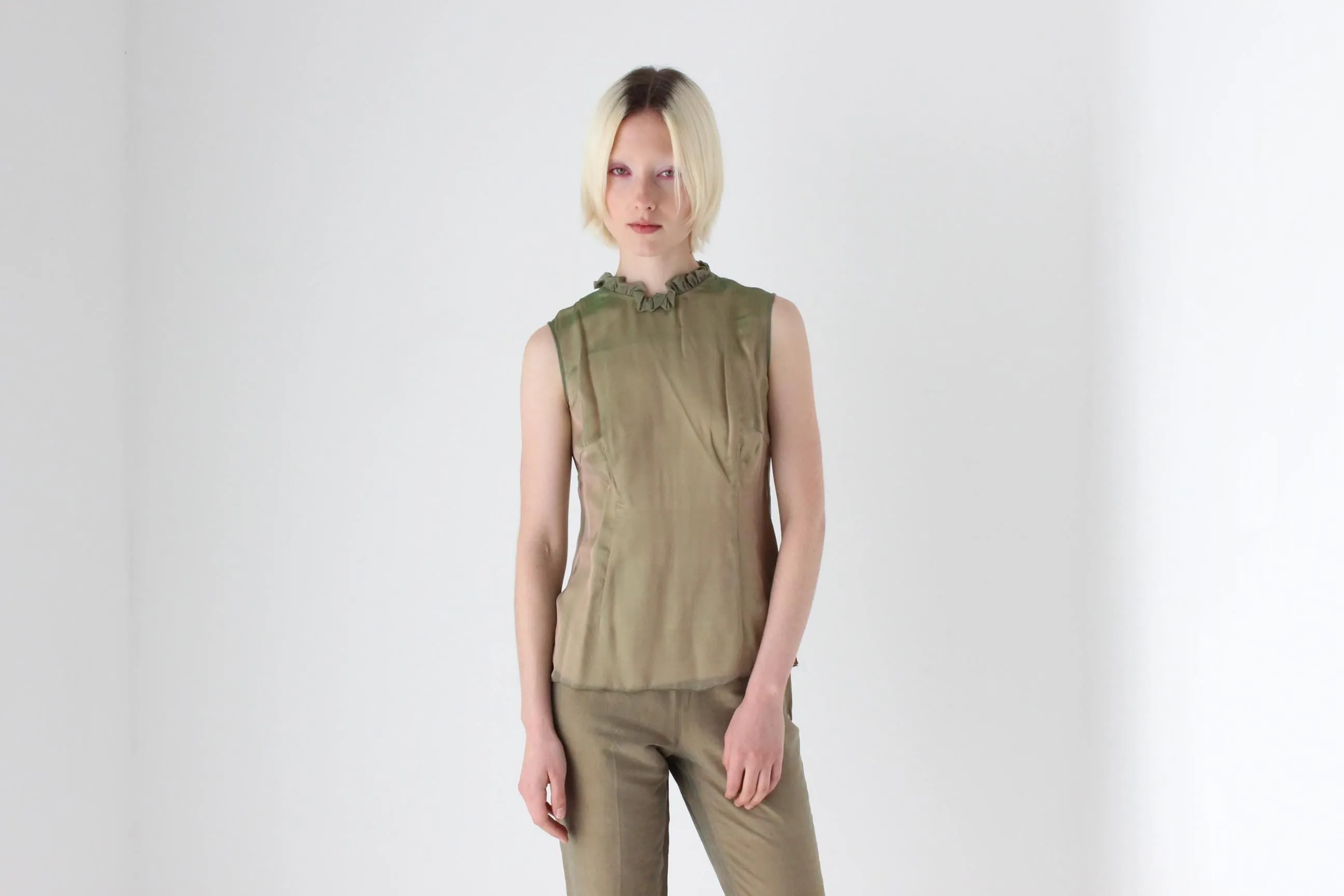 1980s Iridescent Silk Organza Ruffle Collar Top