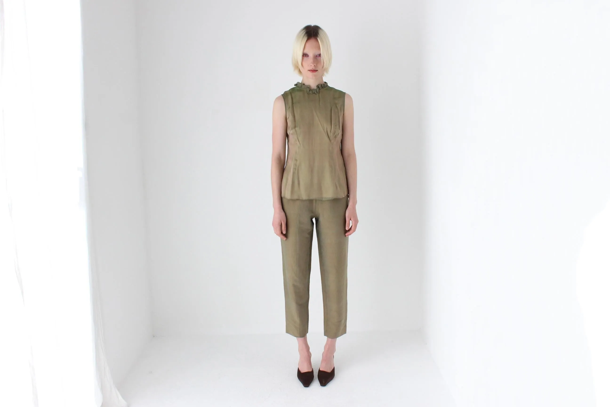 1980s Iridescent Silk Organza Ruffle Collar Top