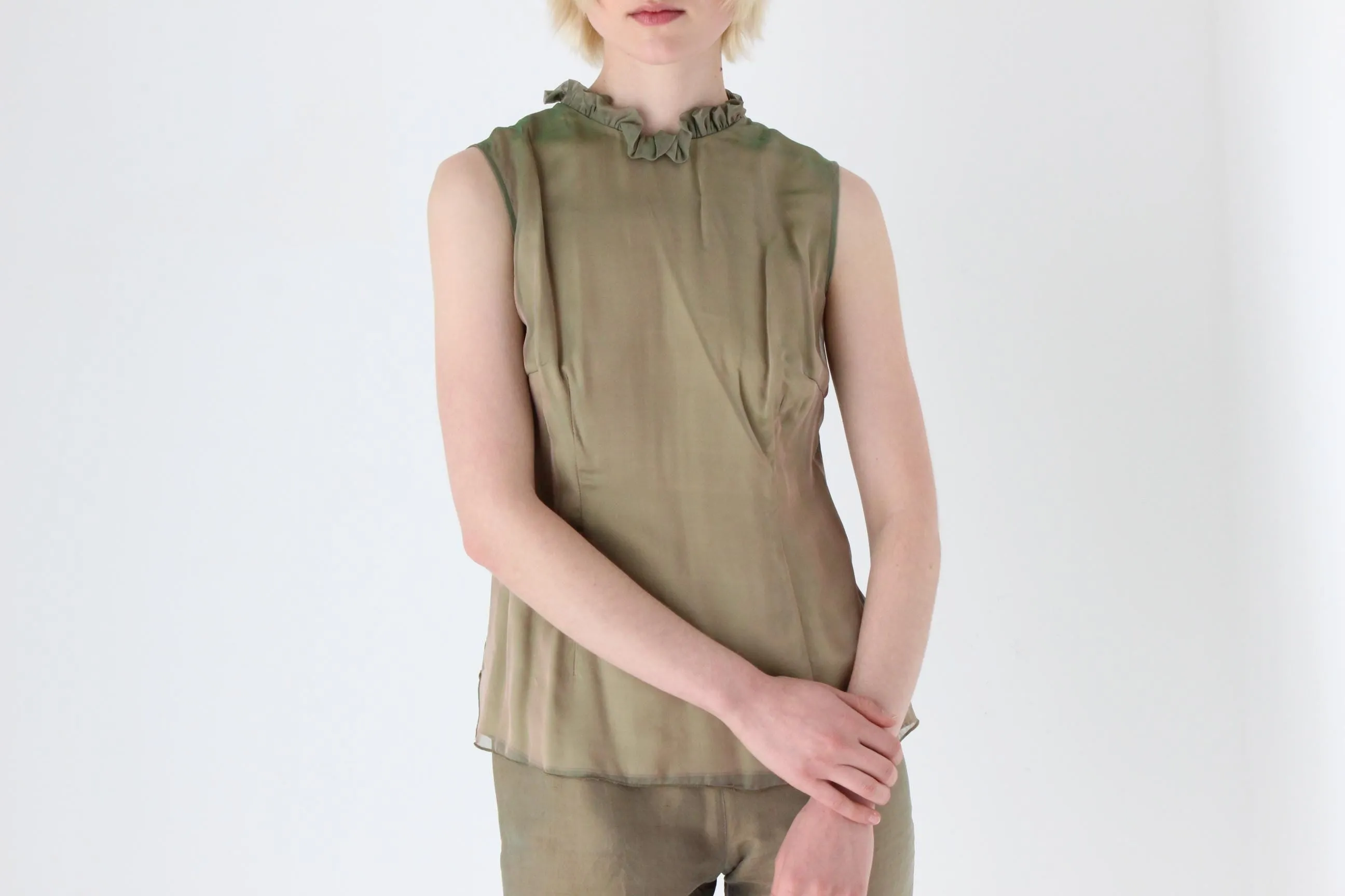1980s Iridescent Silk Organza Ruffle Collar Top