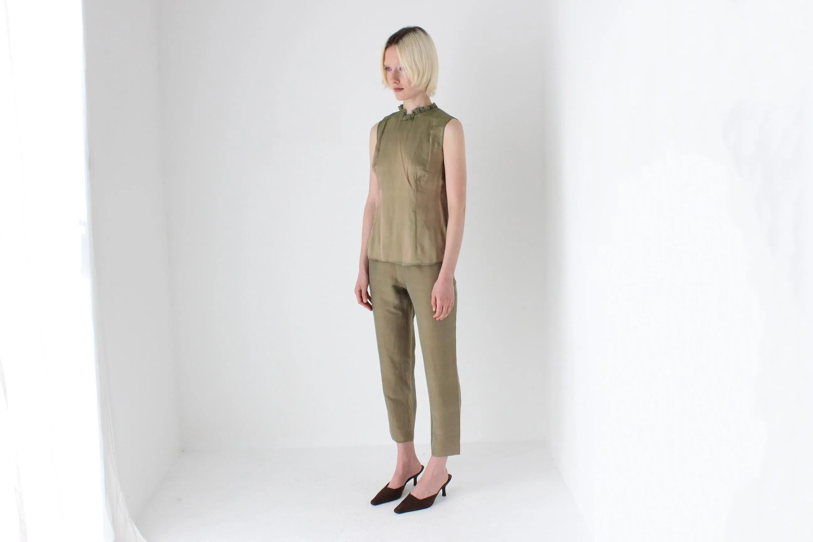 1980s Iridescent Silk Organza Ruffle Collar Top