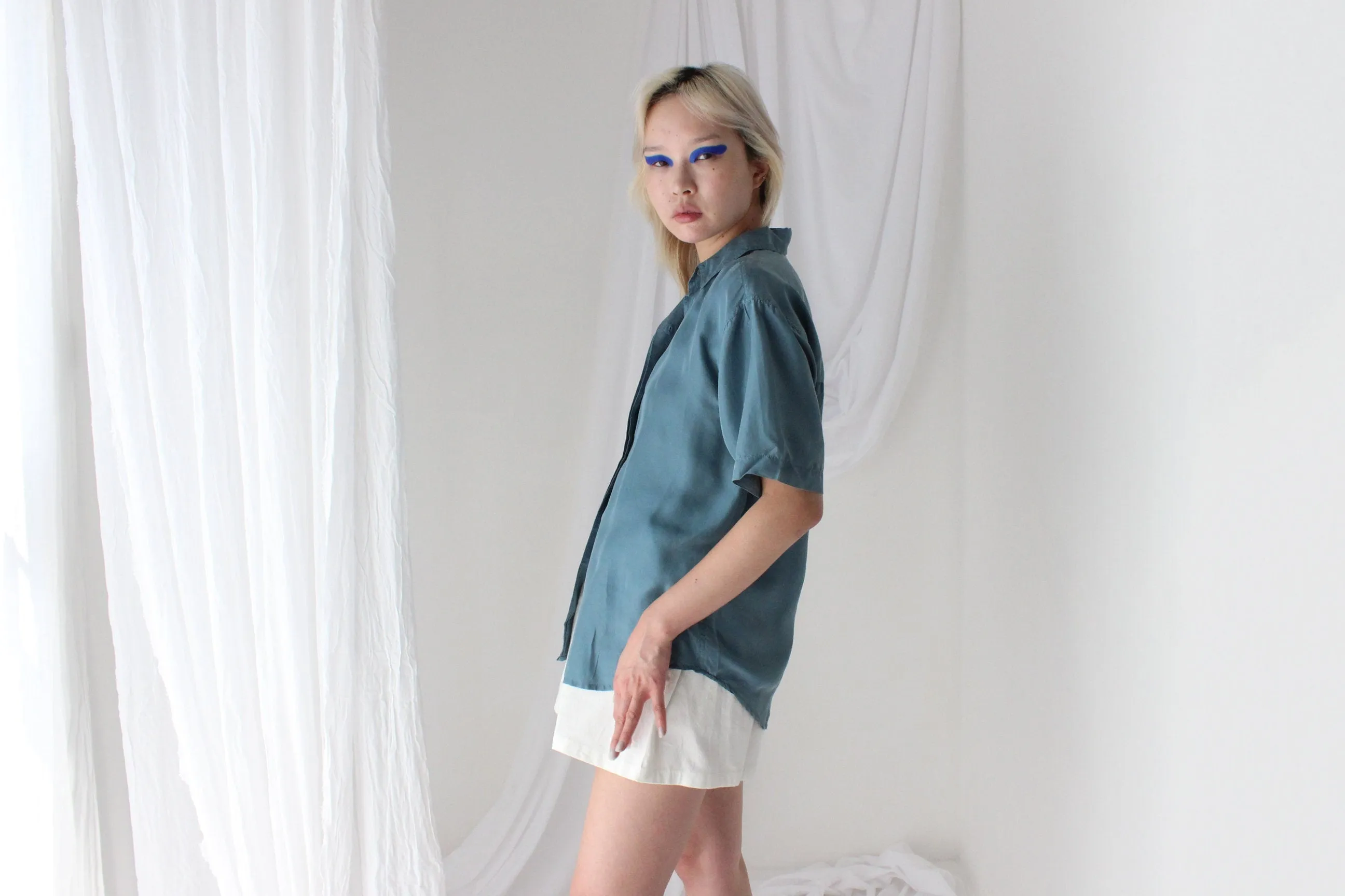 80s SANDWASHED SILK Boxy Teal Shirt