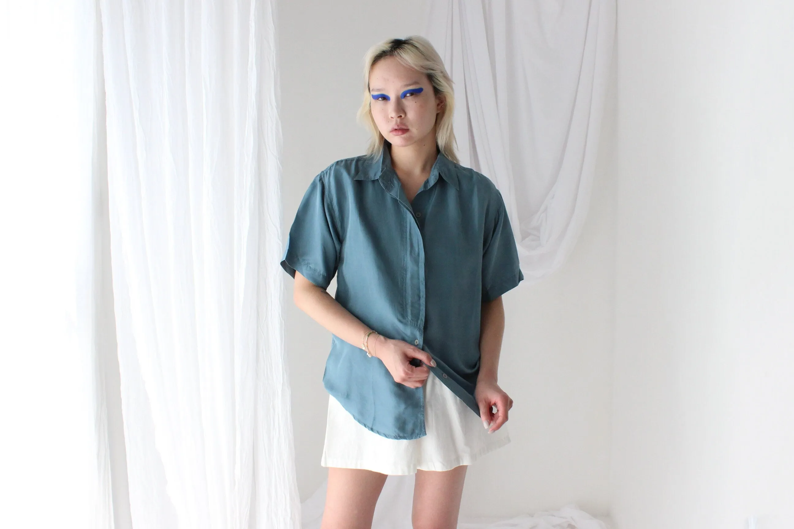 80s SANDWASHED SILK Boxy Teal Shirt