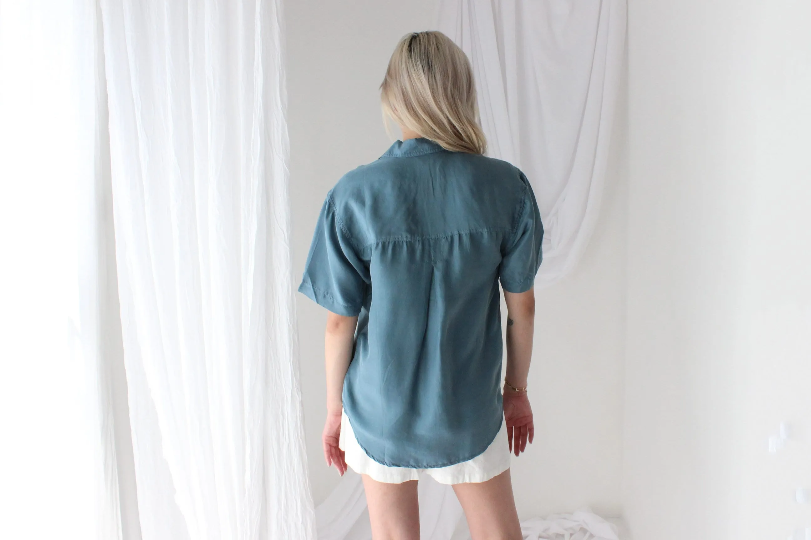 80s SANDWASHED SILK Boxy Teal Shirt