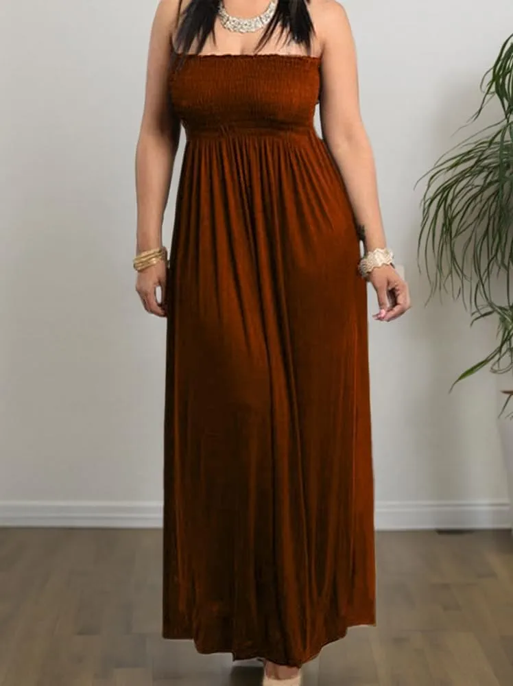 811 - Smocked Chest Strapless Tube Long Maxi Beach Cover-up Dress