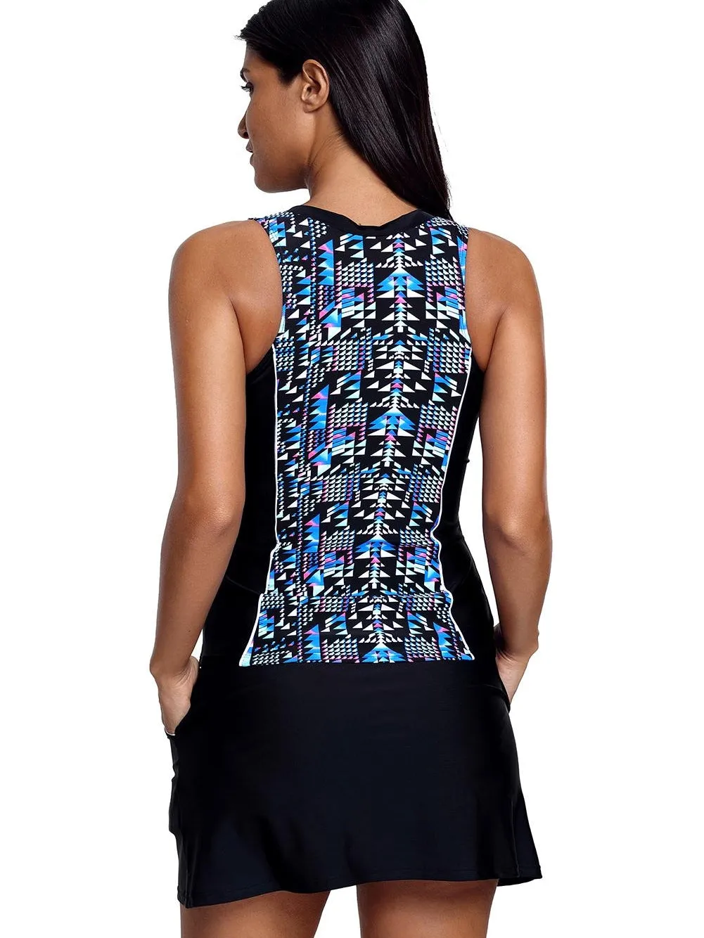Abstract Print Tankini Swimsuit with Skirt