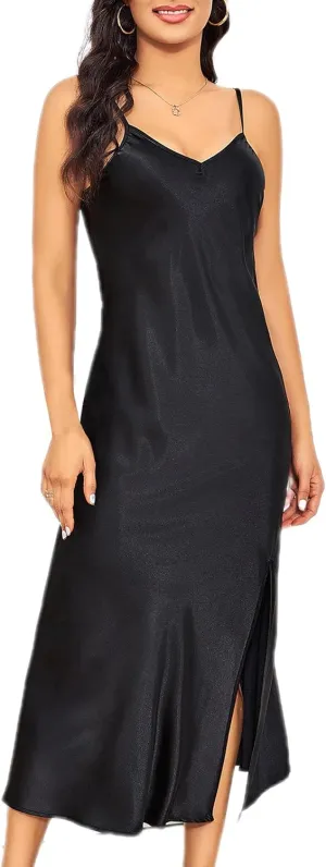 ALCEA ROSEA Women's Long Satin Slip Dress Nightgowns Sexy Lingerie Adjustable Strap Midi Dress Silky Gown V Neck Under Dress