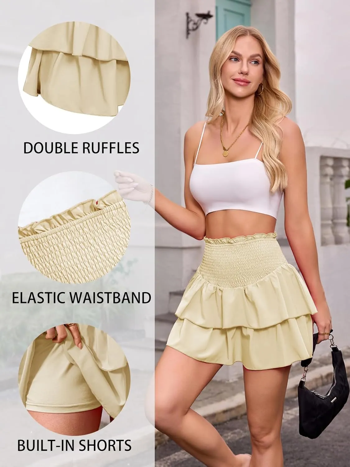 ANRILITA Mini Skirts for Women High Waist Ruffle Cute Flowy Skirt Casual Layered Skort with Shorts