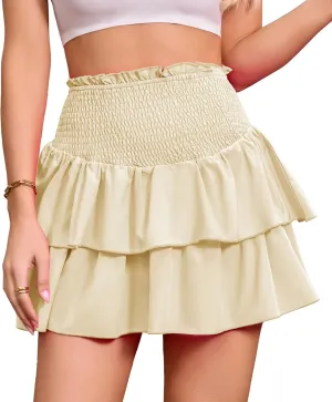 ANRILITA Mini Skirts for Women High Waist Ruffle Cute Flowy Skirt Casual Layered Skort with Shorts