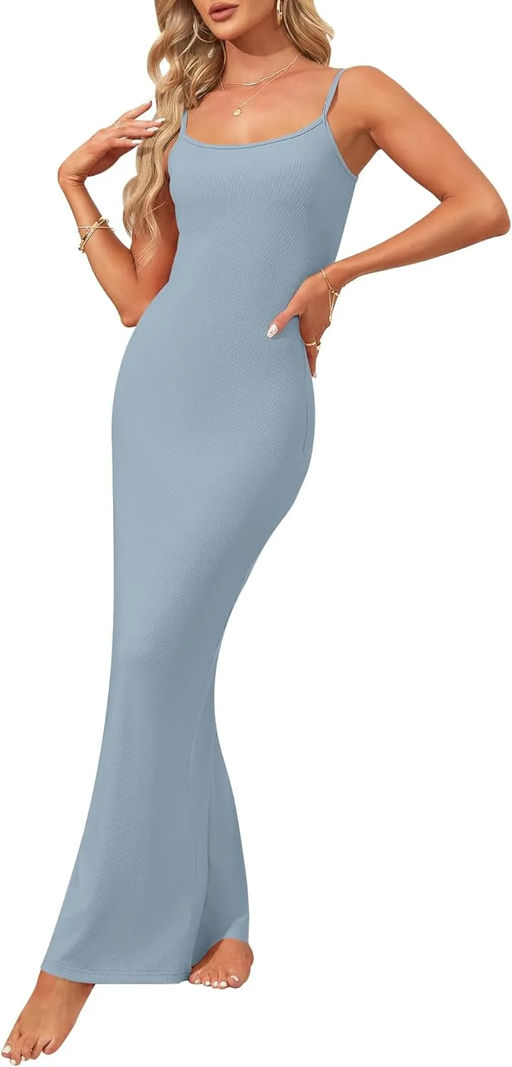 AUSELILY Womens Slip Maxi Dress Sexy Bodycon Dresses Sleeveless Square Neck Long Dress