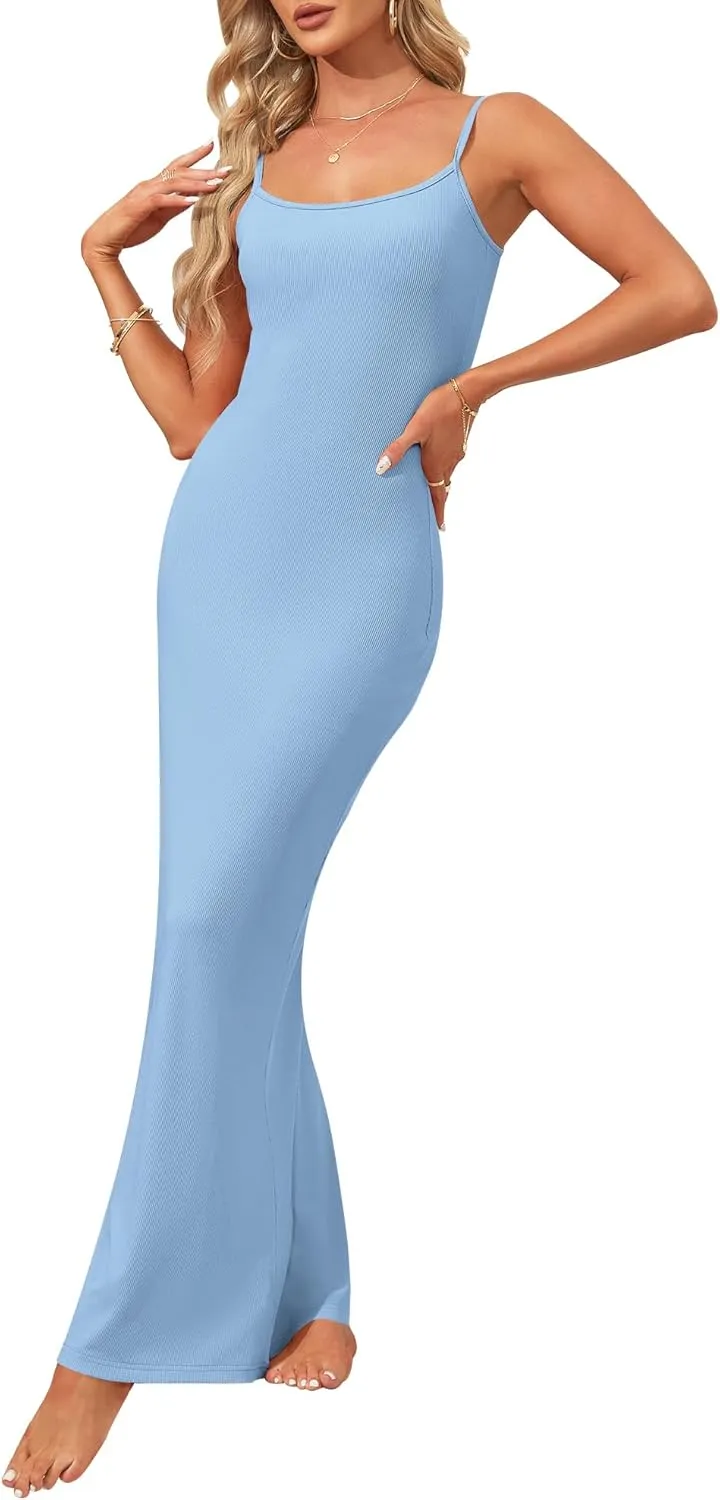AUSELILY Womens Slip Maxi Dress Sexy Bodycon Dresses Sleeveless Square Neck Long Dress