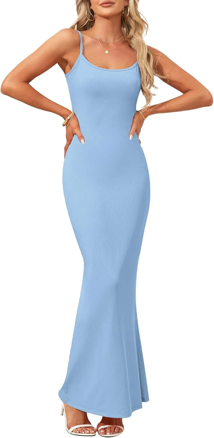 AUSELILY Womens Slip Maxi Dress Sexy Bodycon Dresses Sleeveless Square Neck Long Dress