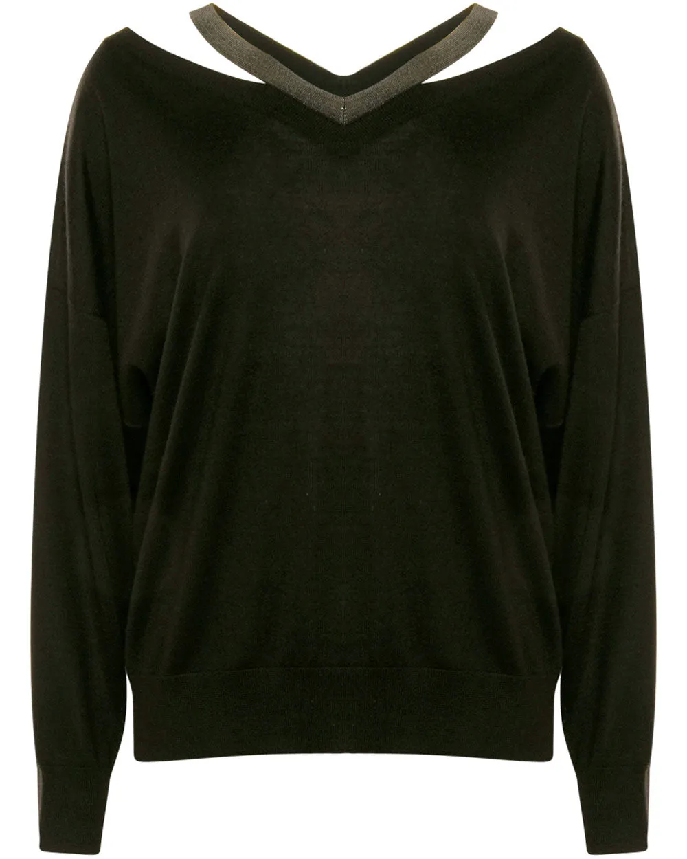 Black Cashmere Silk Monili V Neck Top