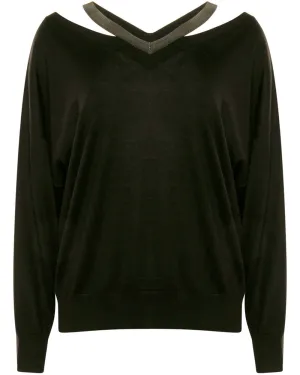 Black Cashmere Silk Monili V Neck Top