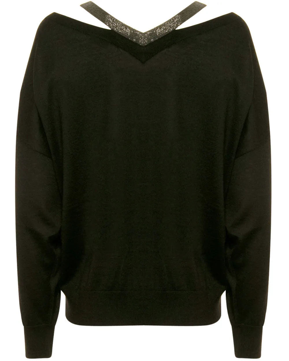 Black Cashmere Silk Monili V Neck Top