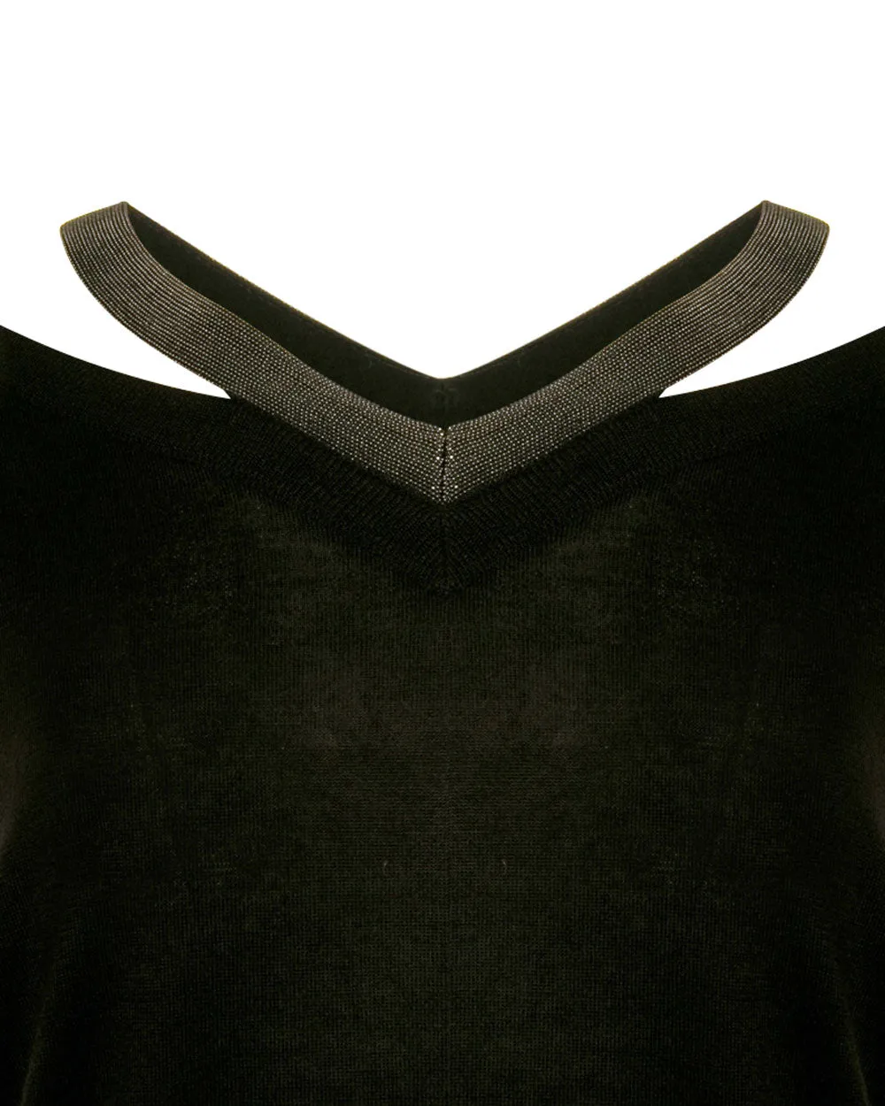 Black Cashmere Silk Monili V Neck Top
