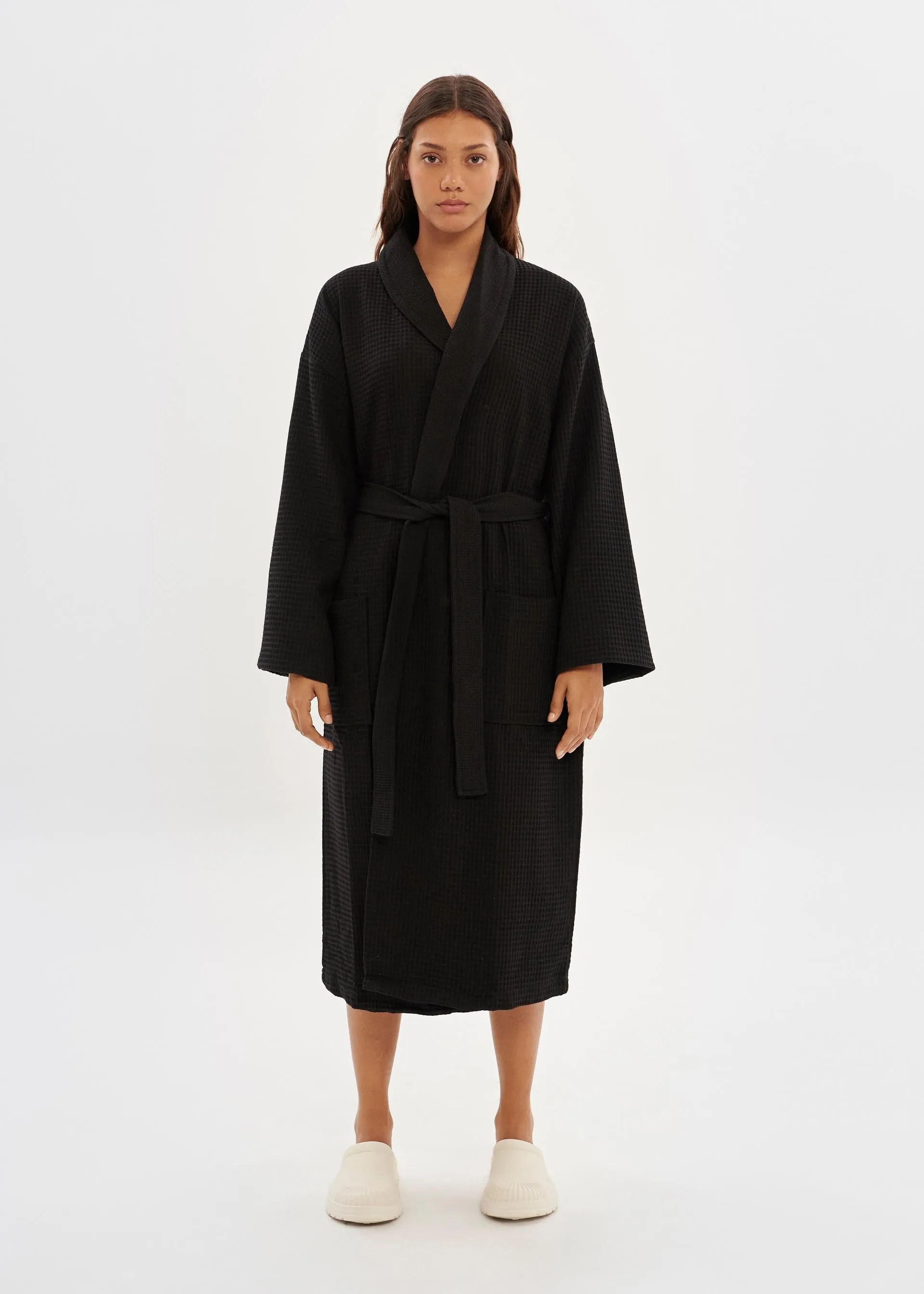 Black Waffle Unisex Relaxed Fit Bathrobe - House Babylon