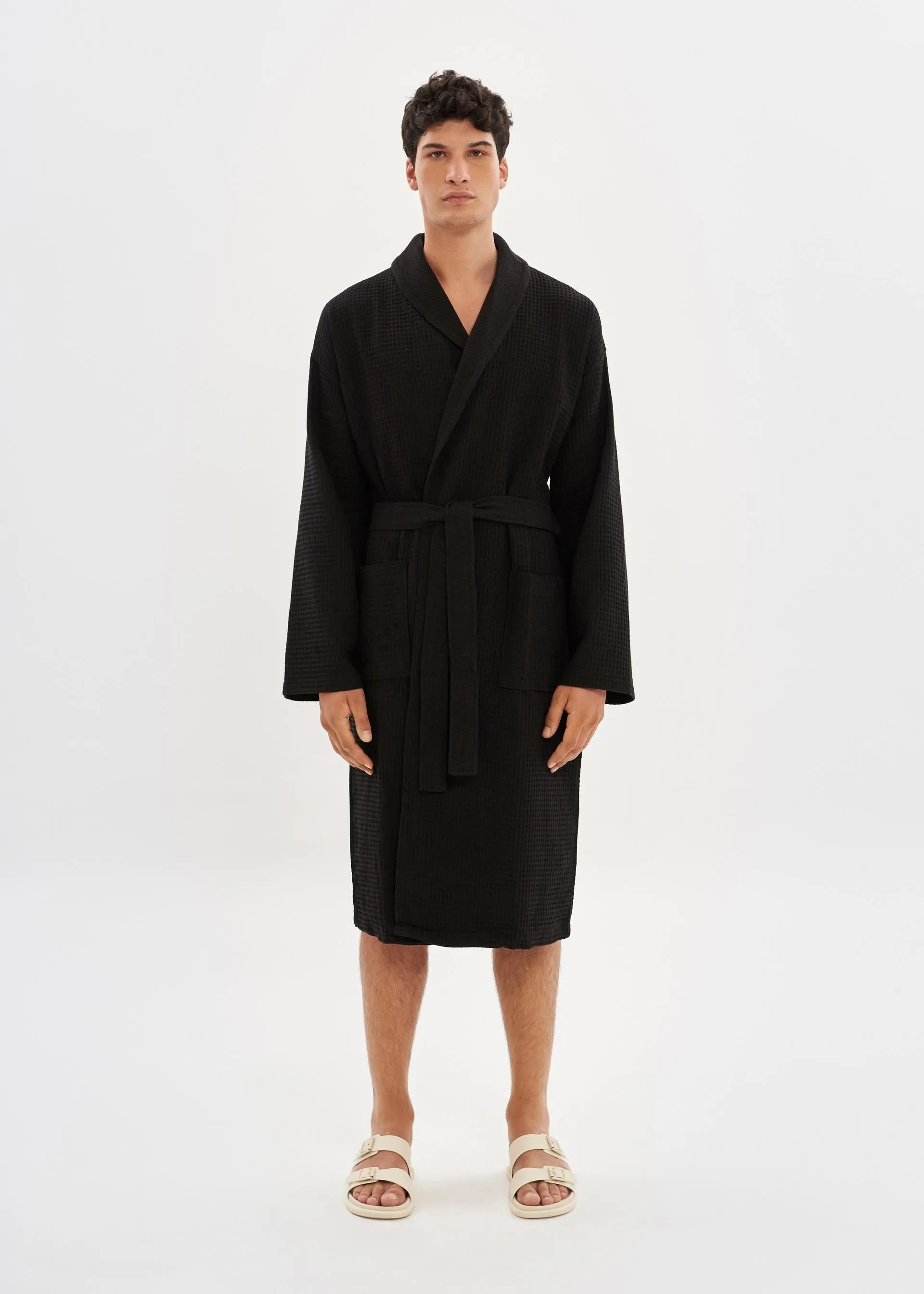 Black Waffle Unisex Relaxed Fit Bathrobe - House Babylon