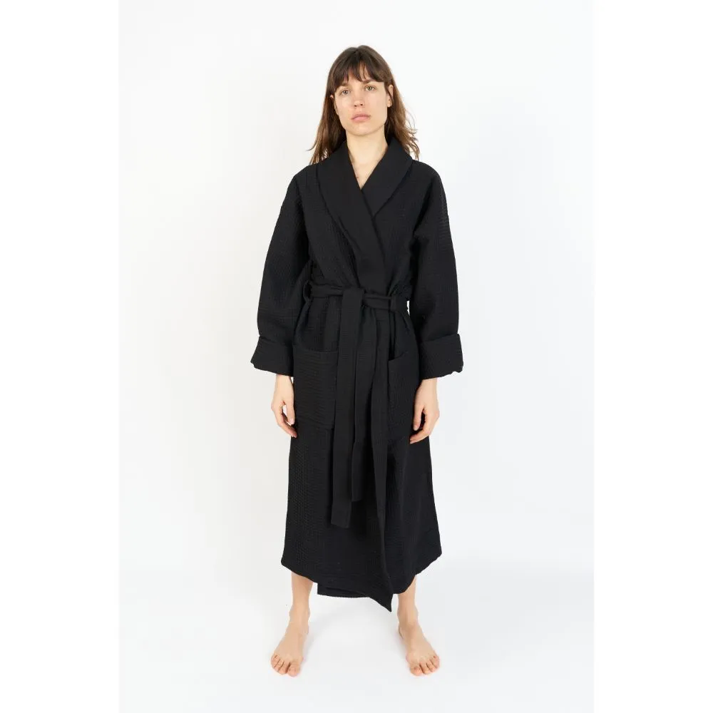 Black Waffle Unisex Relaxed Fit Bathrobe - House Babylon