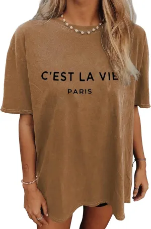 CSDAJIO Women's Casual Short Sleeve Loose Shirt Oversized T-Shirt Trendy Going Out Crew Neck Summer Graphic Tees