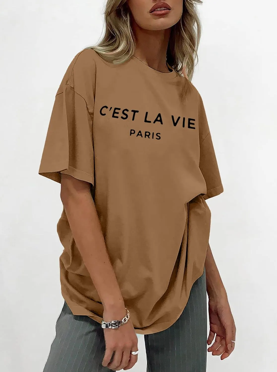 CSDAJIO Women's Casual Short Sleeve Loose Shirt Oversized T-Shirt Trendy Going Out Crew Neck Summer Graphic Tees