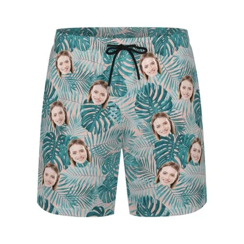 Custom Face Green Leaves Men's Quick Dry 2 in 1 Surfing & Beach Shorts Male Gym Fitness Shorts