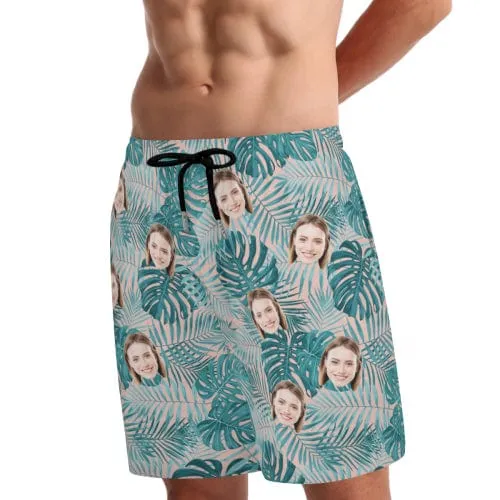 Custom Face Green Leaves Men's Quick Dry 2 in 1 Surfing & Beach Shorts Male Gym Fitness Shorts