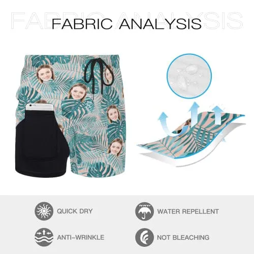 Custom Face Green Leaves Men's Quick Dry 2 in 1 Surfing & Beach Shorts Male Gym Fitness Shorts