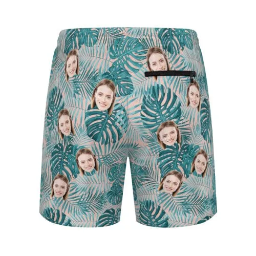 Custom Face Green Leaves Men's Quick Dry 2 in 1 Surfing & Beach Shorts Male Gym Fitness Shorts