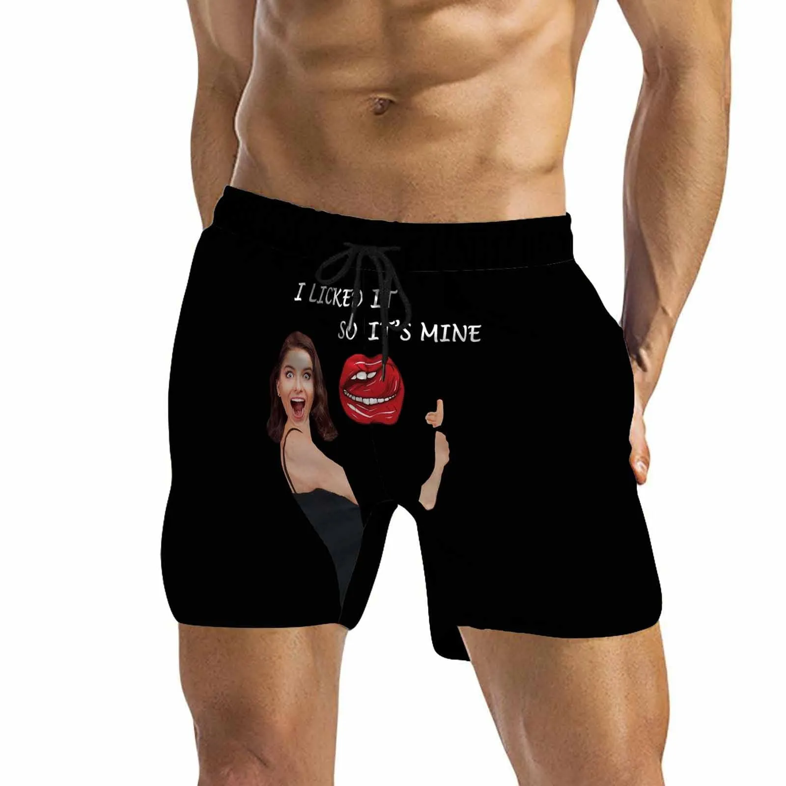 Customized Funny Swim Trunks Personalized Lick It Men's Quick Dry Swim Shorts with Girlfriend's Face