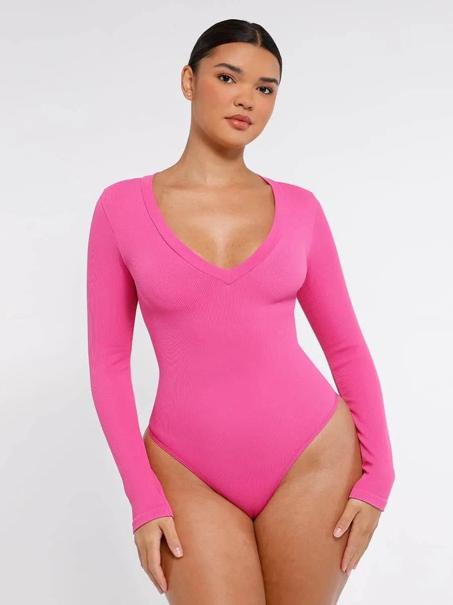Deep V Neck Tummy Control Thong Shapewear Bodysuit