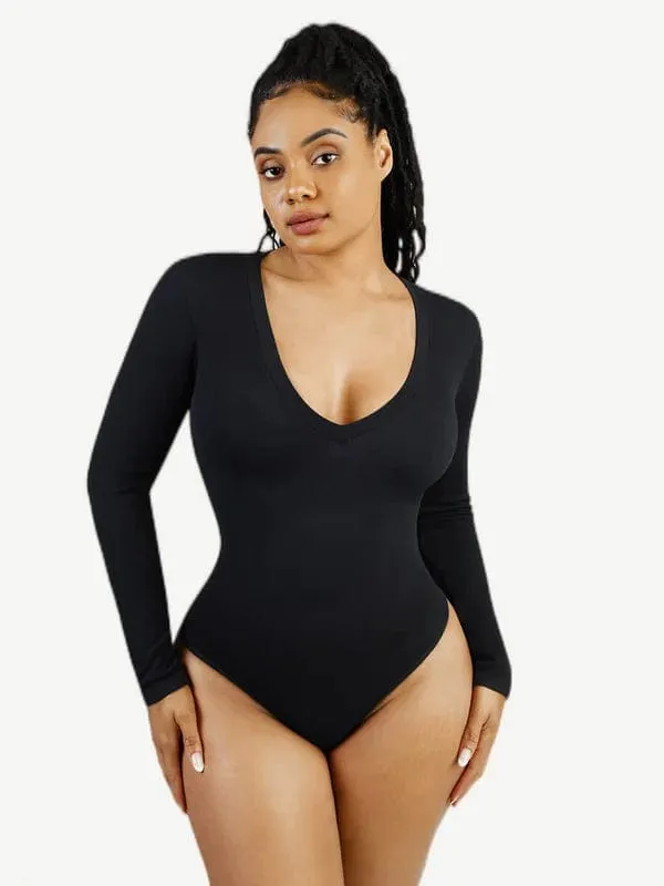 Deep V Neck Tummy Control Thong Shapewear Bodysuit