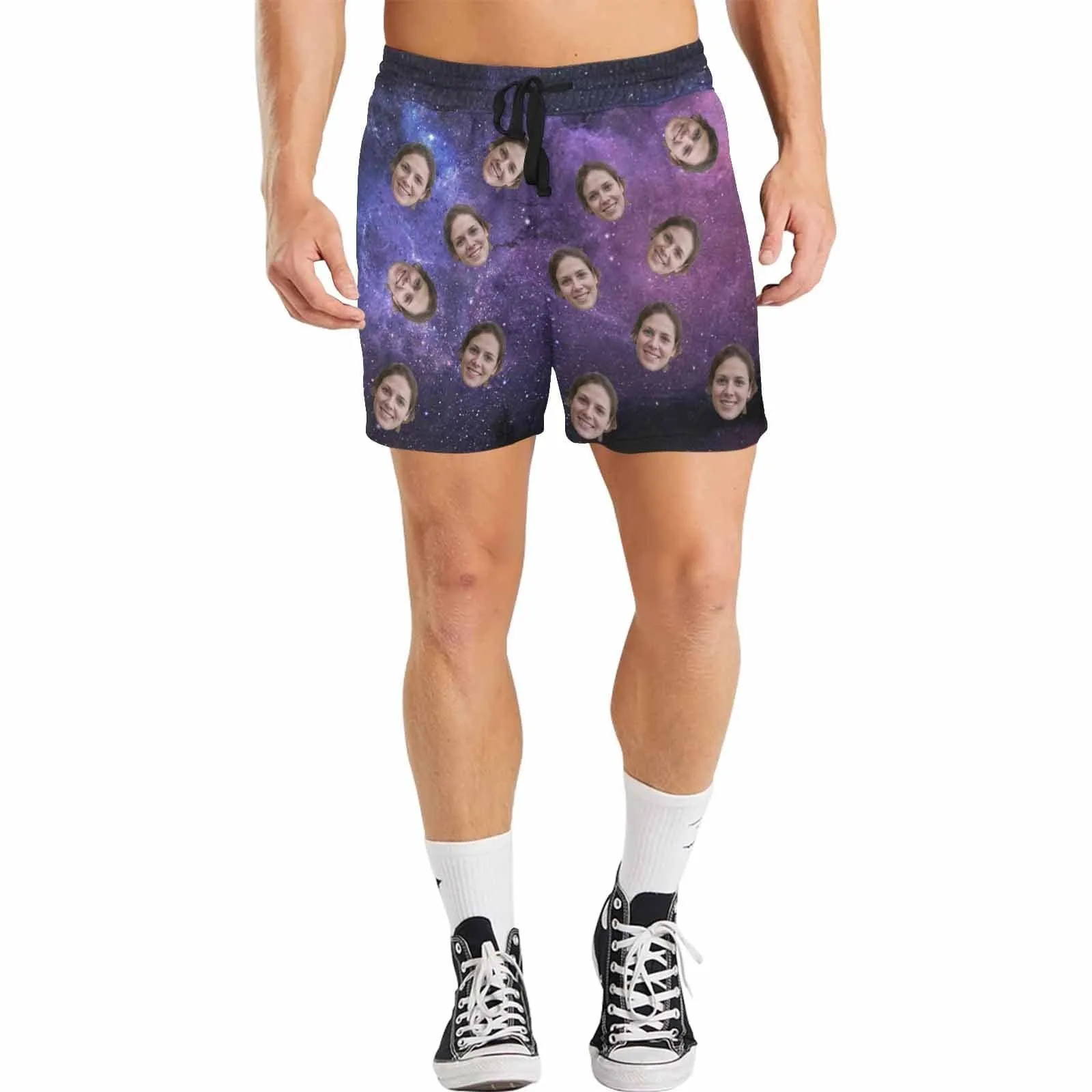 Design Swimming Trunks with Custom Face Starry Sky Men's Quick Dry Swim Shorts with Girlfriend's Pictures