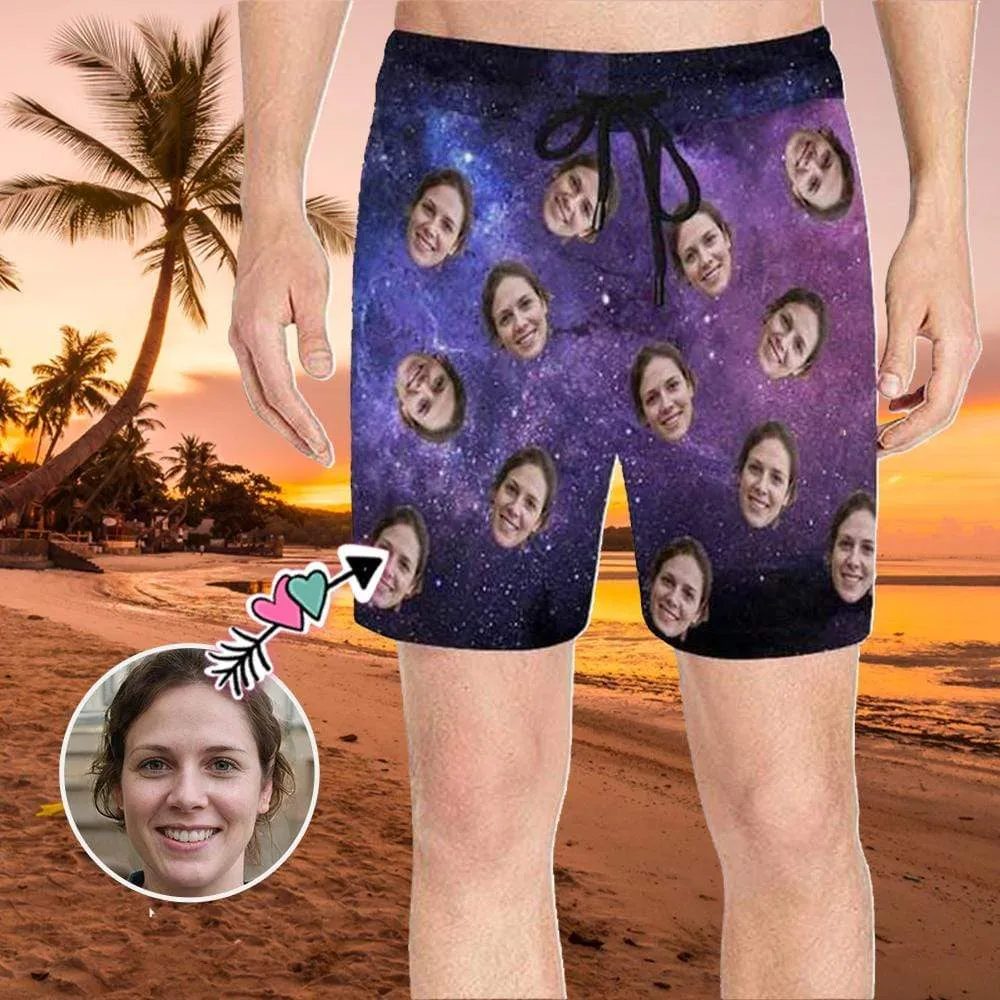 Design Swimming Trunks with Custom Face Starry Sky Men's Quick Dry Swim Shorts with Girlfriend's Pictures