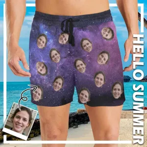 Design Swimming Trunks with Custom Face Starry Sky Men's Quick Dry Swim Shorts with Girlfriend's Pictures