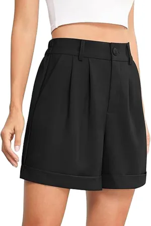 Dress Shorts for Women Dressy Casual Summer Pleated Tailored Back Elastic Waist Wide Legtrouser Shorts with Pockets