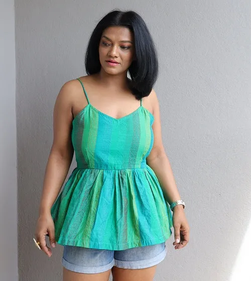 Emerald Green Kantha Work Peplum Top