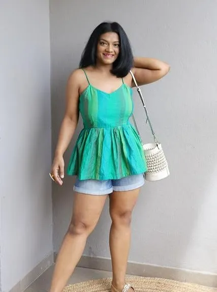 Emerald Green Kantha Work Peplum Top