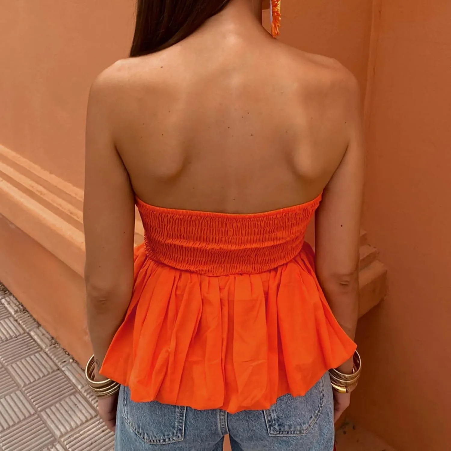 HGps8w Womens Chic Bubble Hem Tube Tops Strapless Off Shoulder Peplum Shirts Sleeveless Going Out Bandeau Tops