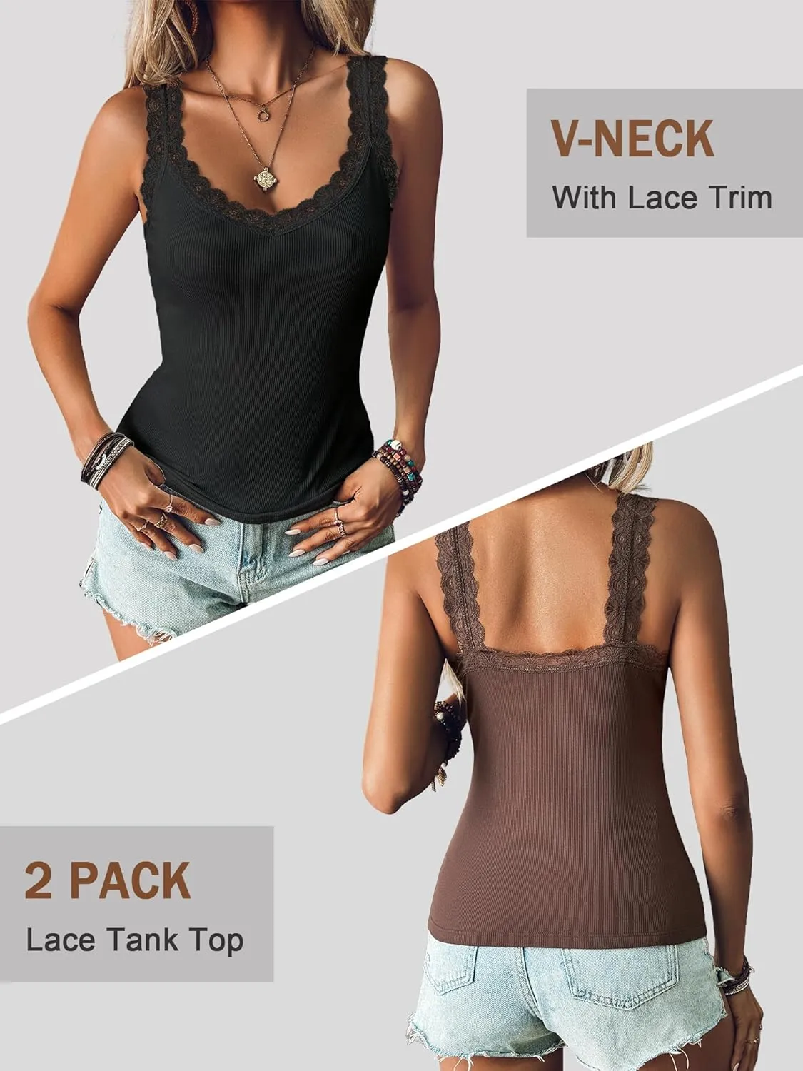 Ibeauti 2 Pack Lace Camisole Tank Tops for Women Sleeveless Summer Going Out Tops Ribbed Cami Undershirts