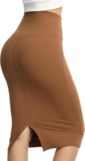 icyzone Women's Midi High Waist Pencil Skirts with Back Slit, Stretchy Casual Work Bodycon Skirts for Women