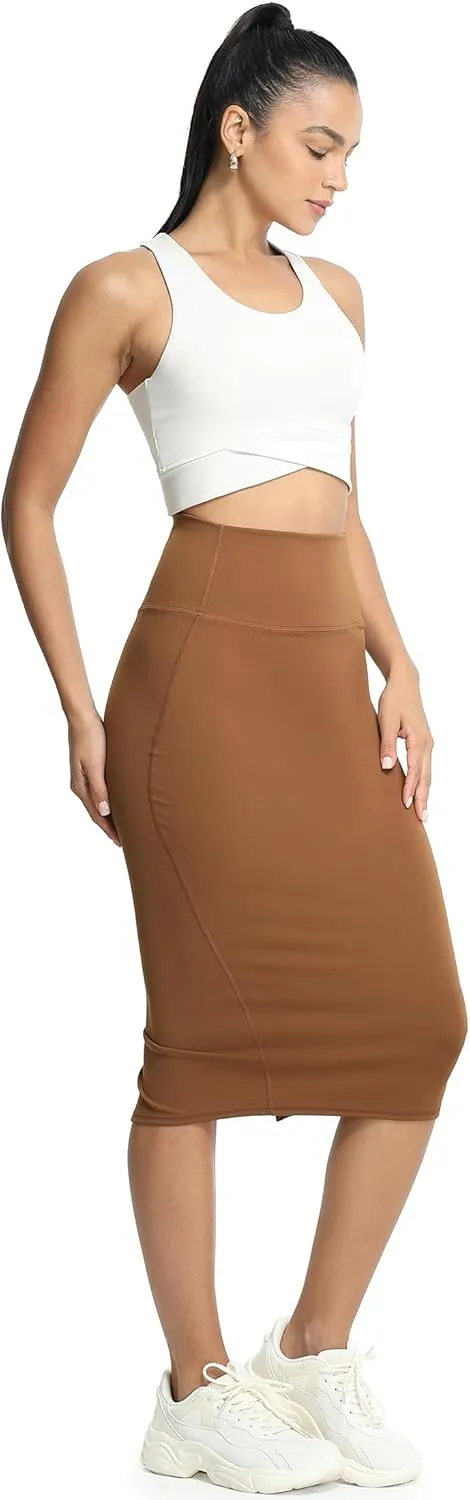 icyzone Women's Midi High Waist Pencil Skirts with Back Slit, Stretchy Casual Work Bodycon Skirts for Women
