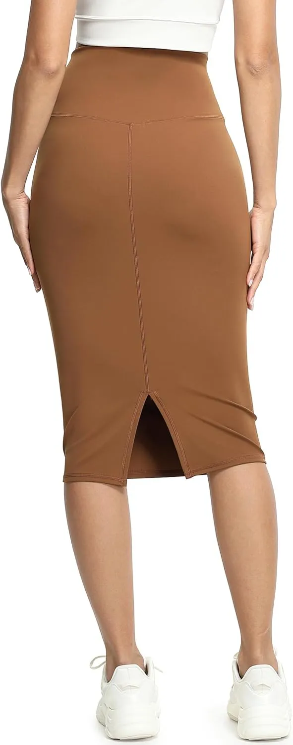 icyzone Women's Midi High Waist Pencil Skirts with Back Slit, Stretchy Casual Work Bodycon Skirts for Women