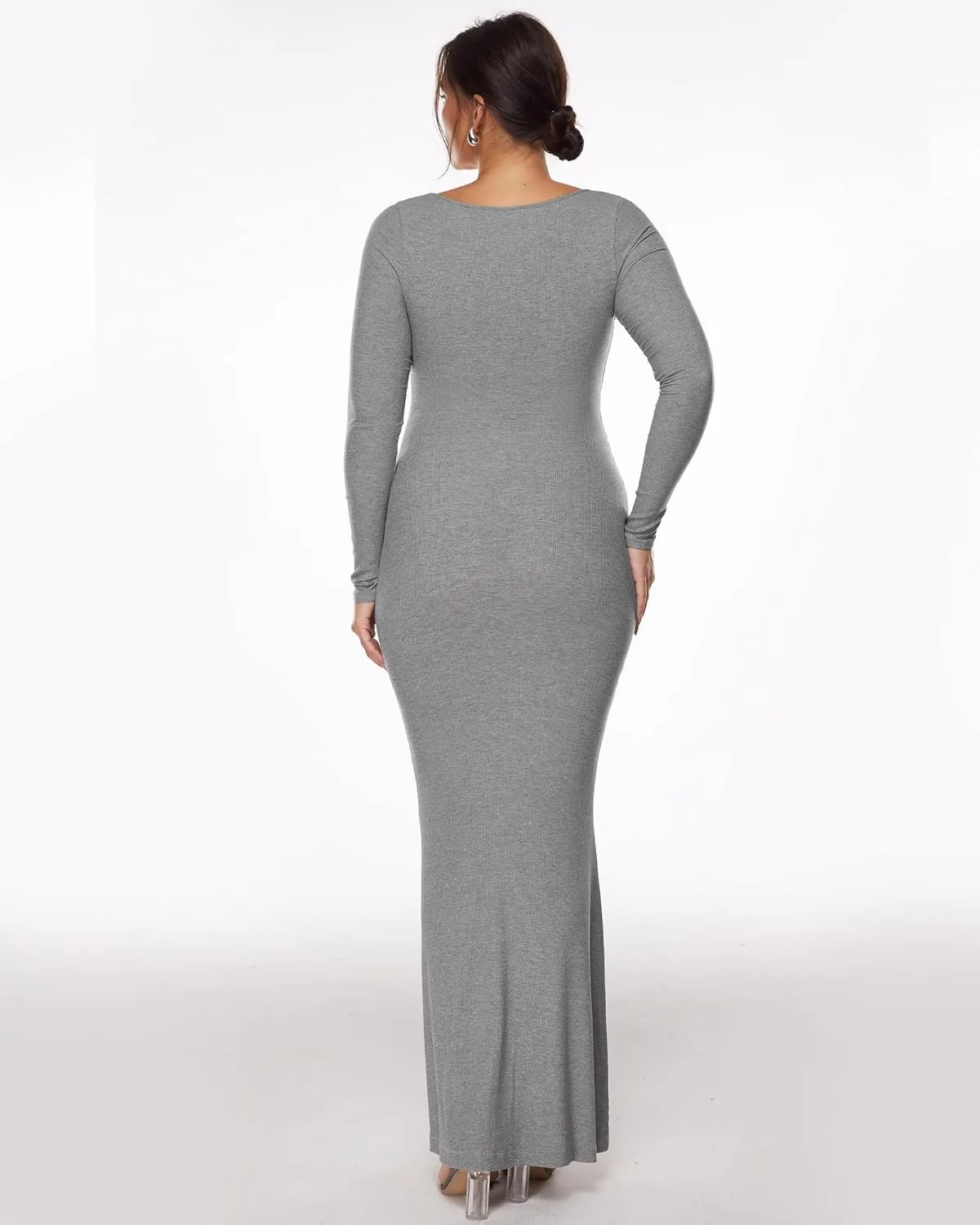 INLYRIC Women's Long Sleeve Bodycon Maxi Dress Square Neck Lounge Slip Ribbed Tight Long Dresses